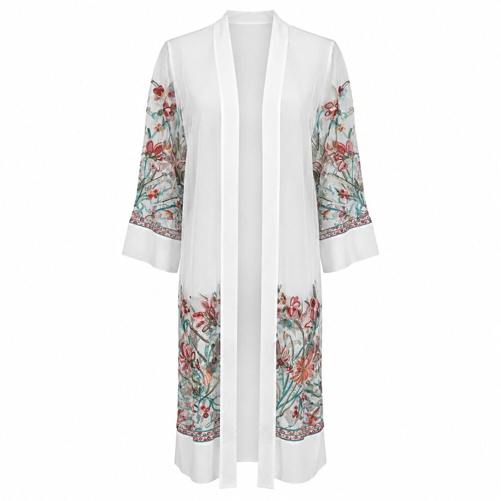 NWT Wo Wo Shear Kimono Women's XL White Embroidered Floral Mesh Cover Up Boho